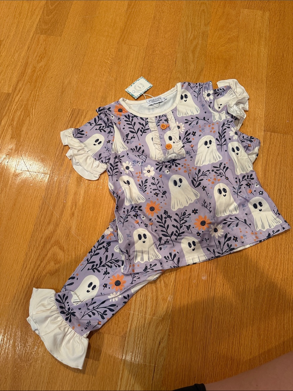 Kids Purple Ghost Print Ruffle Pajama Set